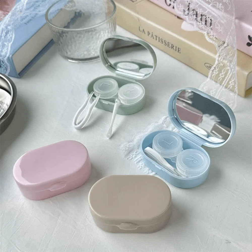 Durable With Mirror Contact Lens Case Mini Leakproof Design Eye Care Kit Creamy Color Leakproof Container For Women
