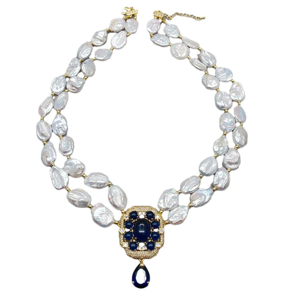 2 strands 13x16mm Cultured White Keshi Pearl Handmade Choker Necklace 30x35mm Blue Cz Pave Pendant