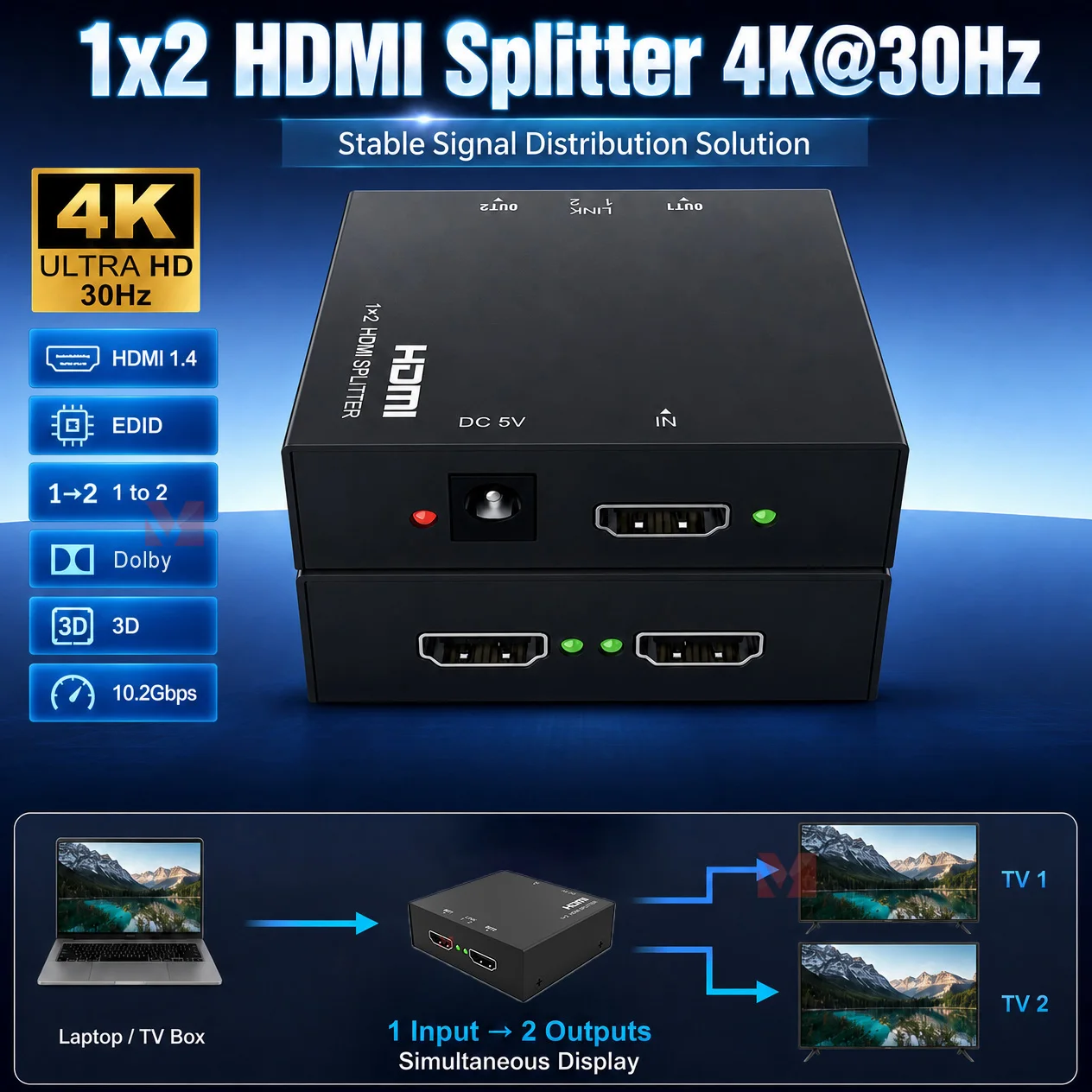 

4K UHD HDMI 1X2 Splitter 1 in 2 out HDMI 1.4 Splitter Distributor 1 signal source 2 displays Video Splitter Blu-ray DVD PS3 PC