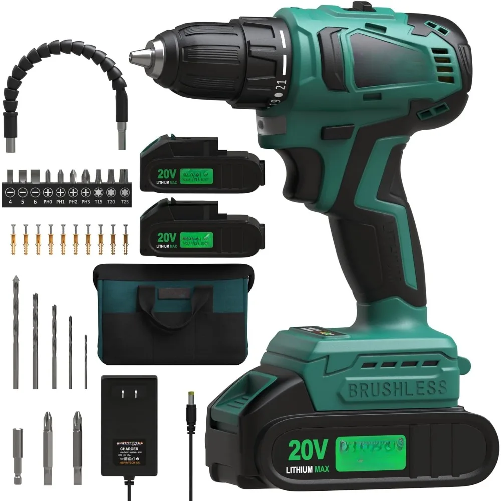 

20V Cordless Drill, Brushless Power Drill Set with 2 Batteries and Charger,3/8Inch Chuck Electric Drill Driver,22 Torque Setting