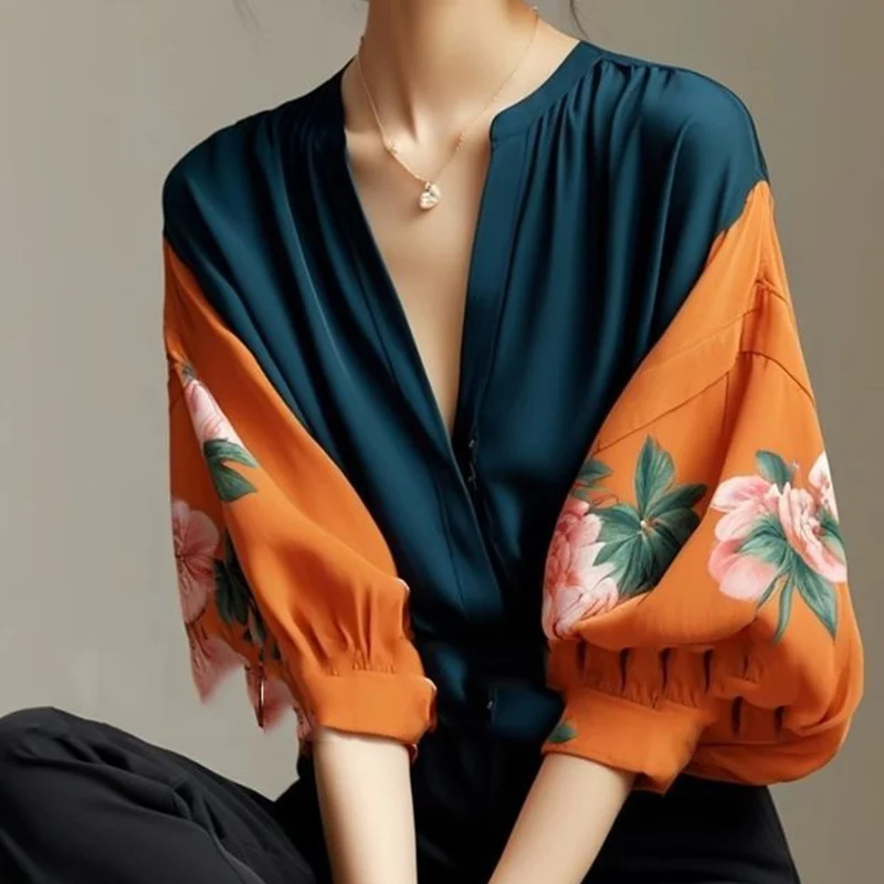 Vintage tempérament col en v impression haut t-shirt printemps été à la mode florale Patchwork col rabattu col rabattu chemises