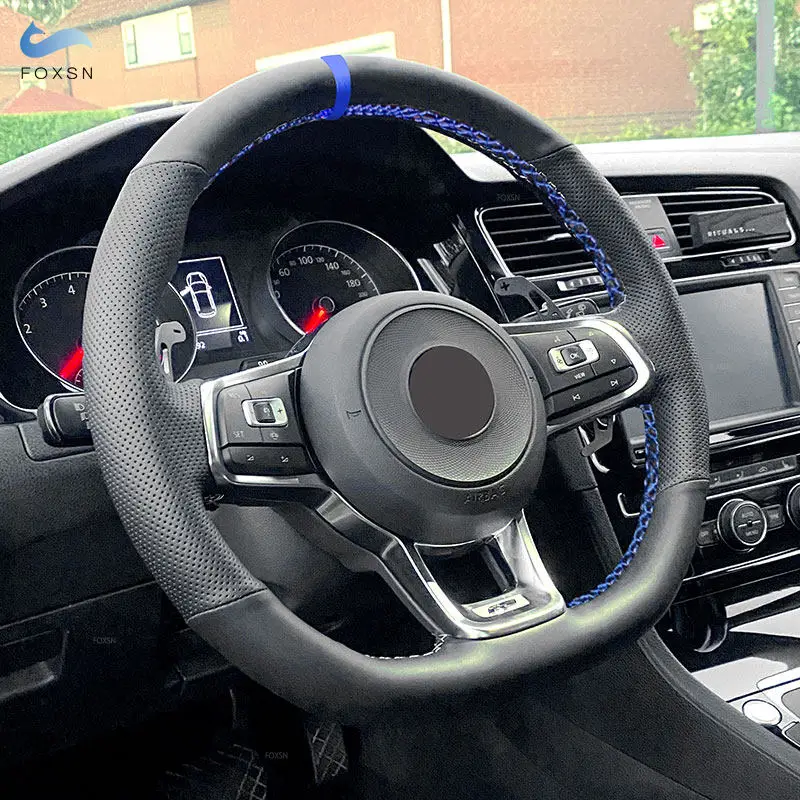 For VW Golf 7 GTI Golf R MK7 Passat B8 Polo Scirocco 2015 2016 Car Steering Wheel Cover Trim Black Leather blue line blue strip