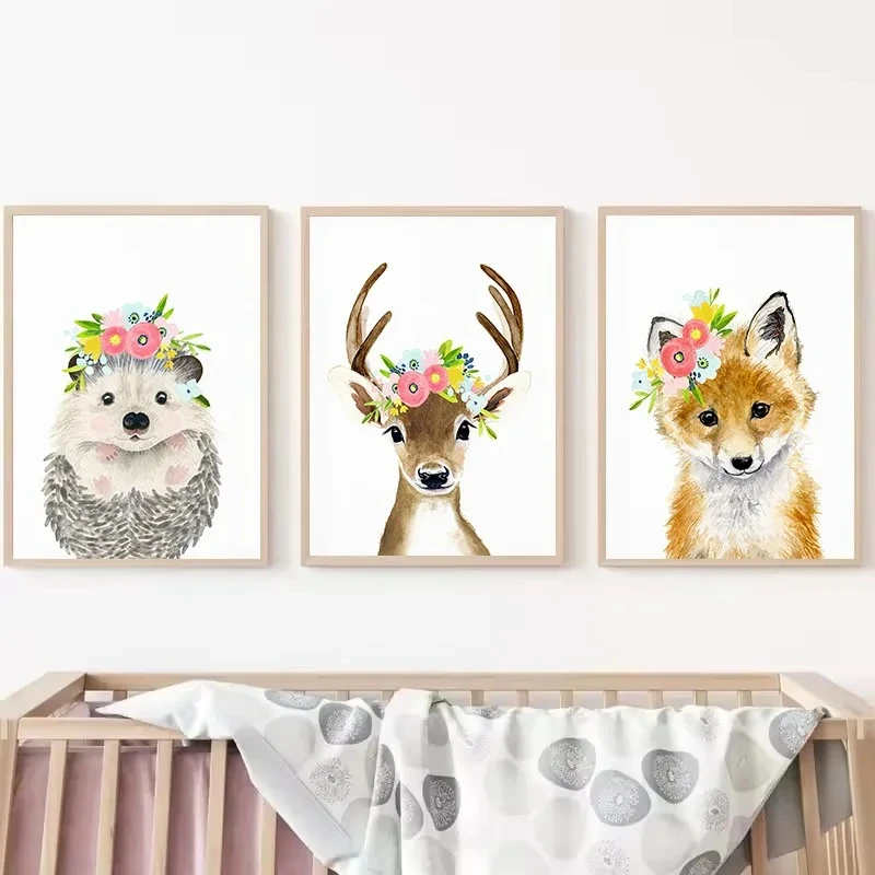 Flower Crown Woodland Safari Animals Bunny Bear Portrait Nursery Poster Canvas Painting Wall Art Pictures Home Bedroom Decor