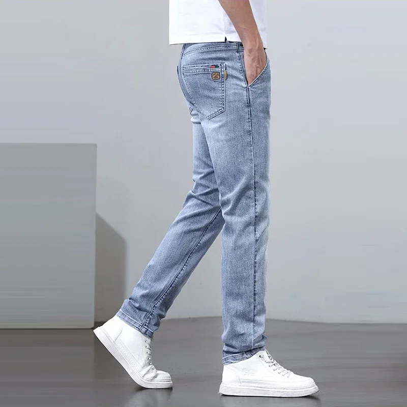 Versátil fino ajuste respirável calças 2025 homens primavera verão estilo básico impressão jeans masculino elasticidade solta calças jeans retas