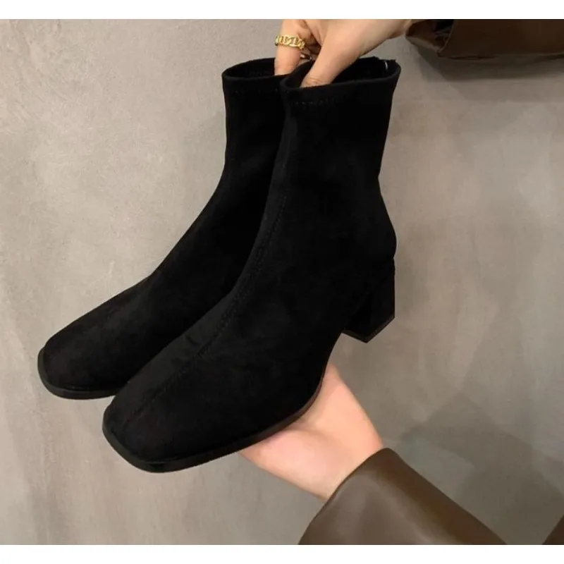 

Vintage Suede Women Ankle Boots Fashion Back Zippers Shoes Autumn Winter Thick Heel Ladies Elegant Slim Short Booties