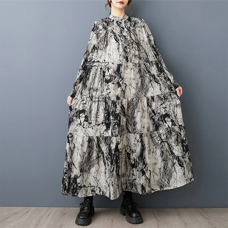 Retro Tie Dye Inktprint Lange Dr Plus Size Dames Faion Lente Herfst f Open Kraag Ele A-lijn Rok Dr