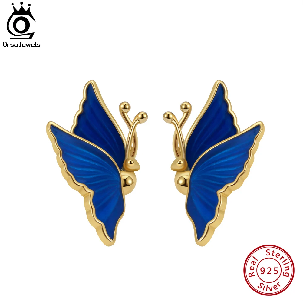 

ORSA JEWELS 925 Sterling Silver Movable Wing Butterfly Earrings for Women Unique Blue Enamel Ear Stud Fine Jewelry Gift SE365