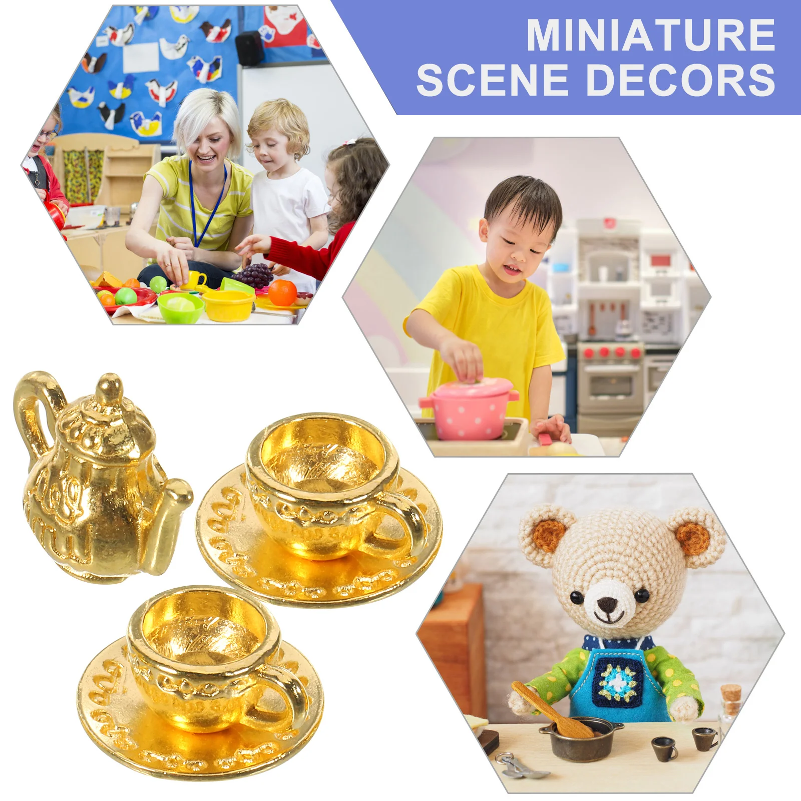 Conjunto de Mini Chaleira de Chá em Metal para Decoração de Cozinha, Acessórios de Mesa de Escritório, Simulação de Xícara de Chá em Liga de Zinco