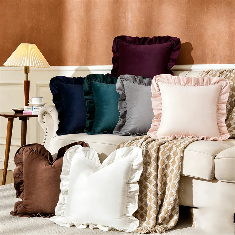 1pc Ruffle Velvet Cushion Cover 45*45cm Decorative Pillowcase for Sofa Living Room Throw Pillow Cover Beige Pink Grey