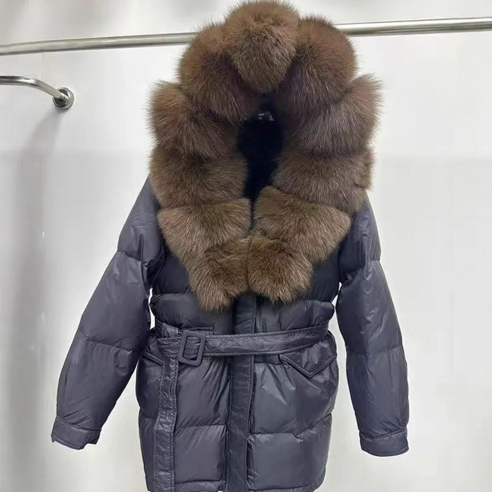 Winter Fox Fur Collar Down Jacket Women's Mid-Length White Duck Down Thicken Coats Winter Natural Big Fur Collar Down Jacket