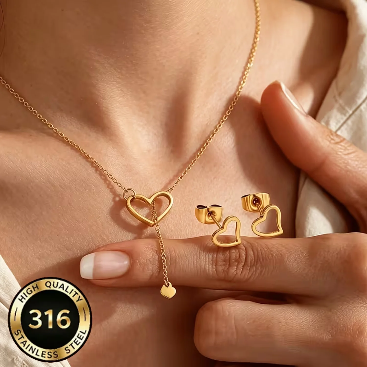 Women's Stainless Steel 18K Gold-Plated Simple Hollow Heart Y-Shaped Tassel Jewelry Set - Earrings And Necklace