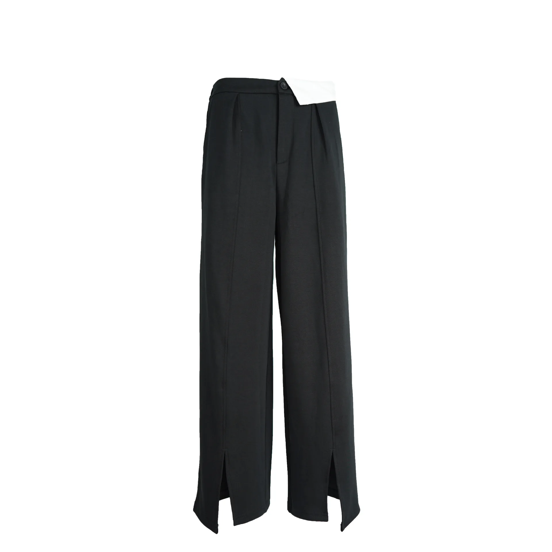 Women's Drapped Wide Leg Pants Black Long Trousers Cotton Elastic High Waist Split 2024 New Spring Autumn Streetwear with Pocket