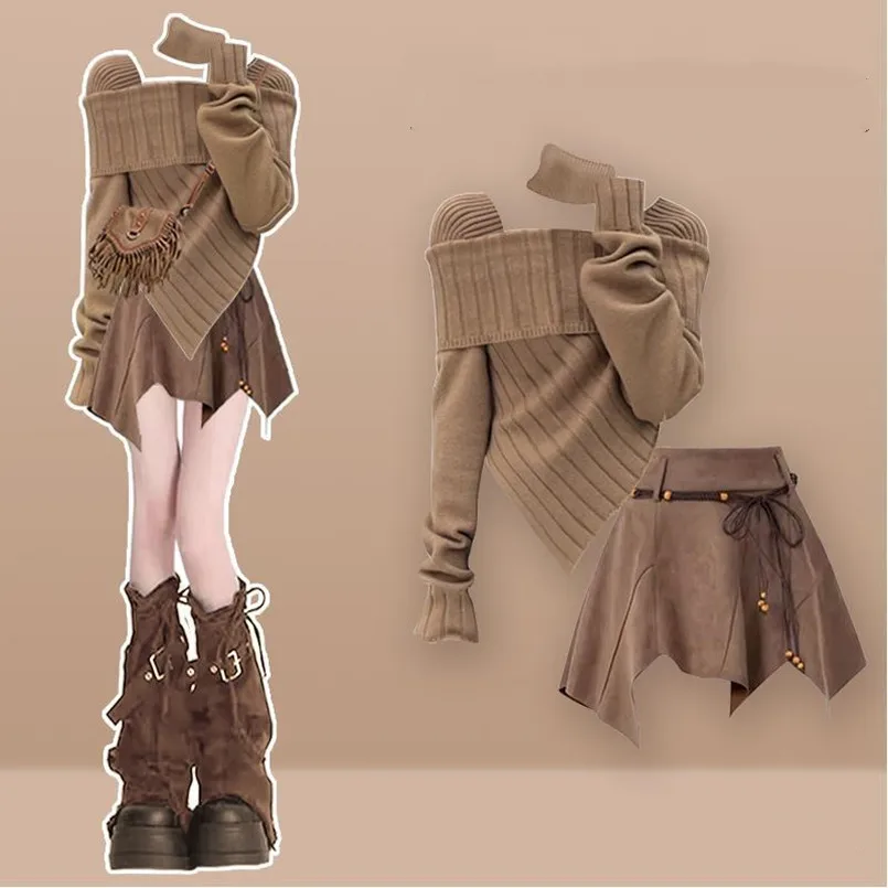 

Fashionable and Casual Women's Set New Scarf Slim Knit Sweater Women's Slimming Half Skirt Two-piece Set