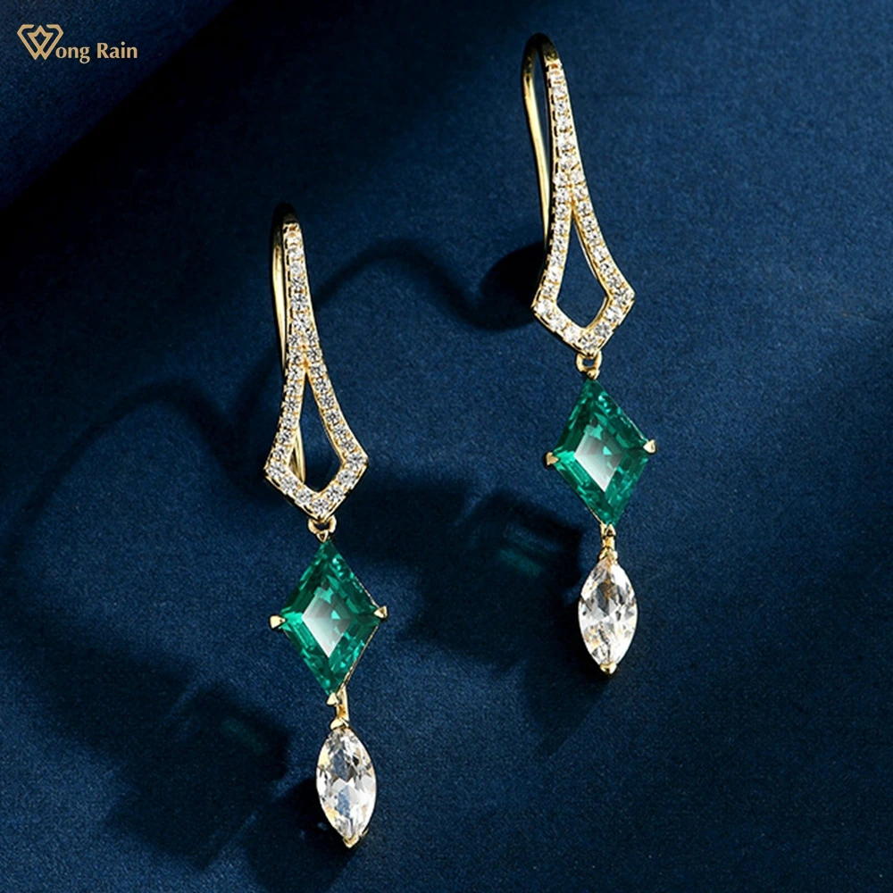 

Wong Rain Solid 925 Sterling Silver 7*11 MM 4 CT lozenge Emerald High Carbon Diamond Gemstone Drop Dangle Earrings Fine Jewelry