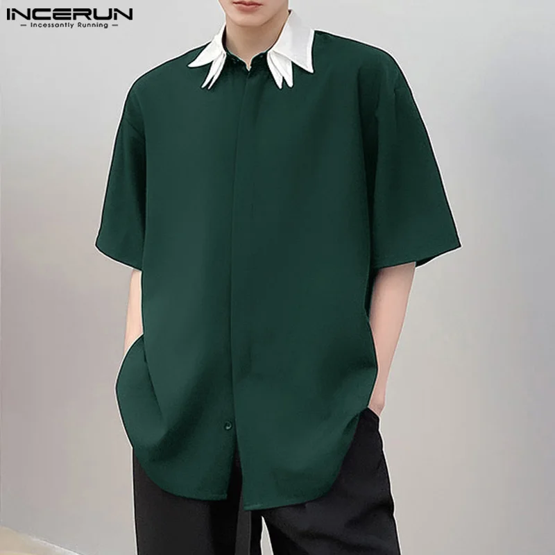 INCERUN Tops 2024 Korean Style Men Simple Contrast Color Dual Neck Shirts Casual Streetwear Patchwork Short Sleeved Shirts S-5XL