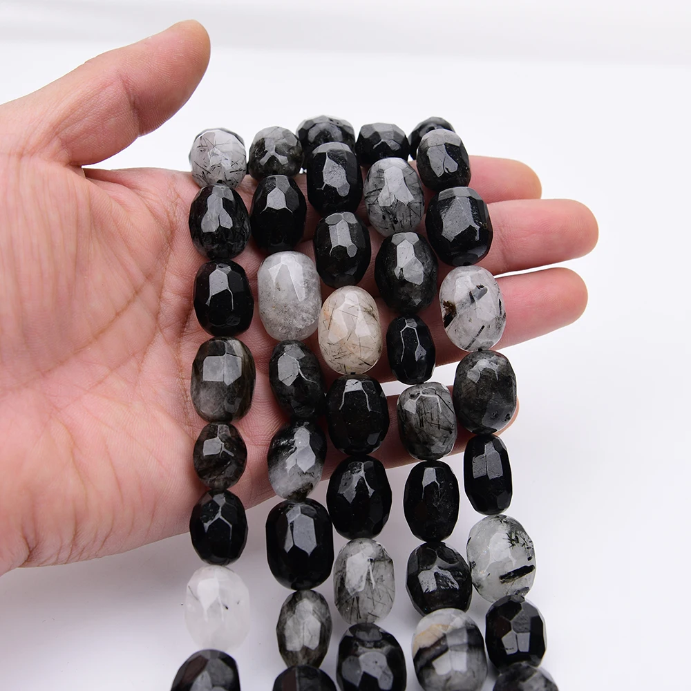 APDGG Natural Black Rutilated Quartz Faceted Nugget Loose Beads 15.5" Strand Jewelry Making DIY view 2