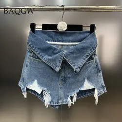 Personality Tassel Hole Design Denim Shorts Skirts Female High Waist Loose Wide Leg Short Jeans with Belt Fashion Summer