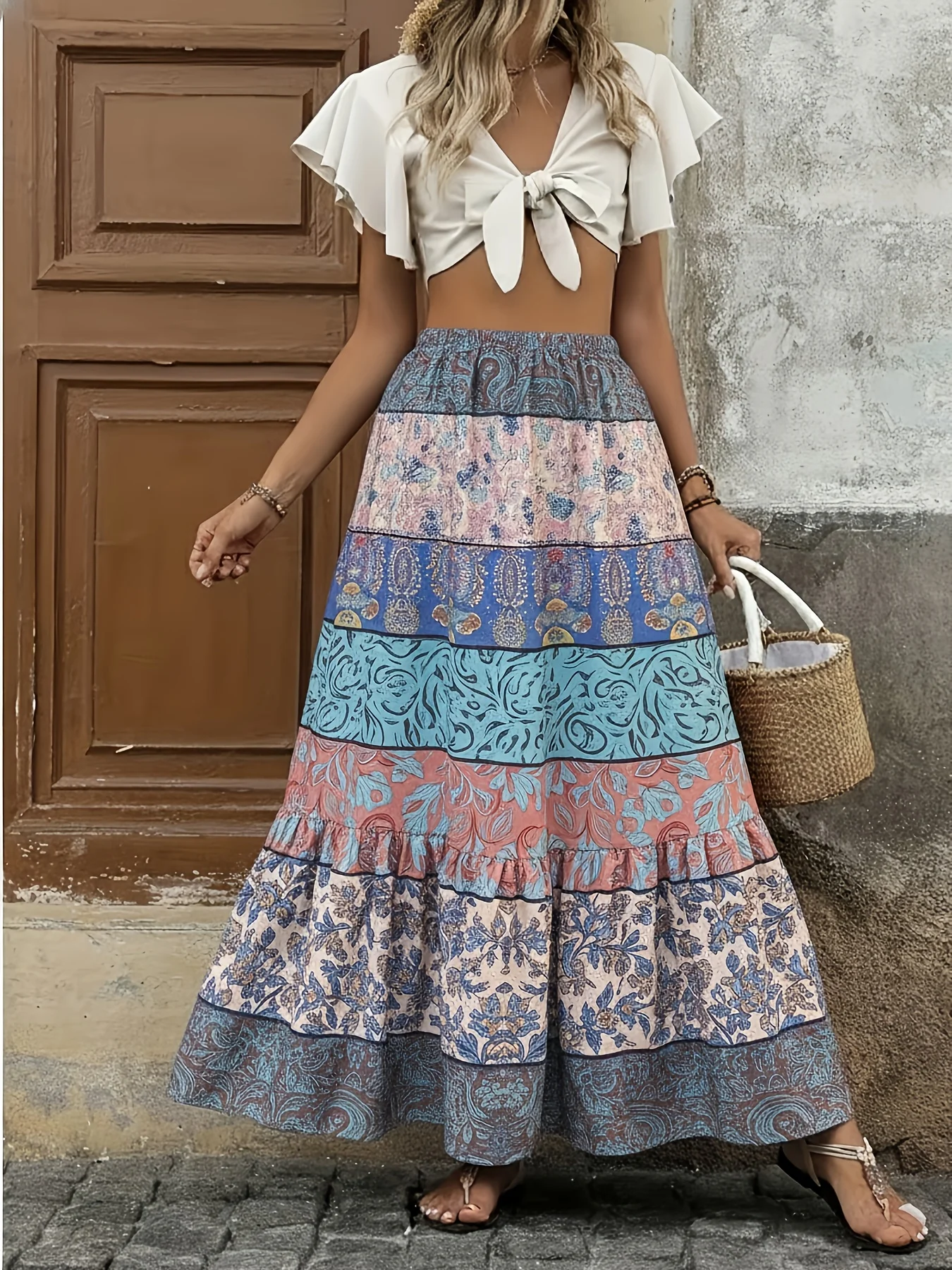 Elegant Women'S Bohemian Vacation Style High-Waisted A-Line Long Skirt with Colorful Floral Prints for Spring And Summer