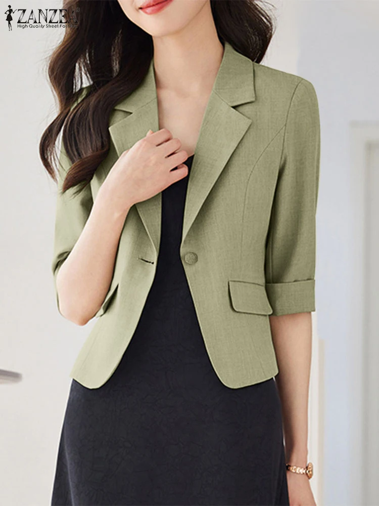 ZANZEA Blazer kerah Lapel elegan, blus Chaqueta wanita jaket kerja OL polos kasual Lengan 3/4