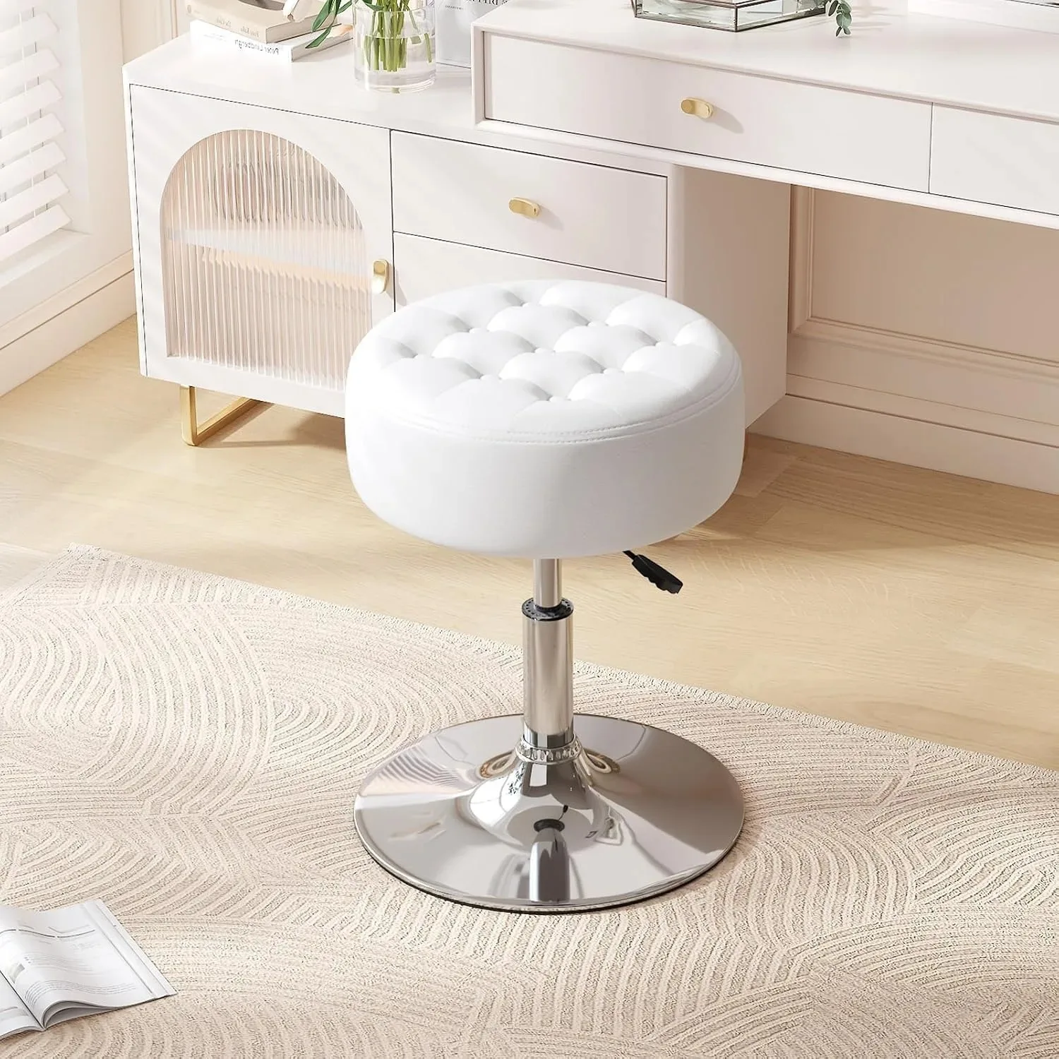 Mid-Century Tufted Adjustable Swivel  Modern Big Size Round Vanity Stool Chair for Bathroom or Bedroom