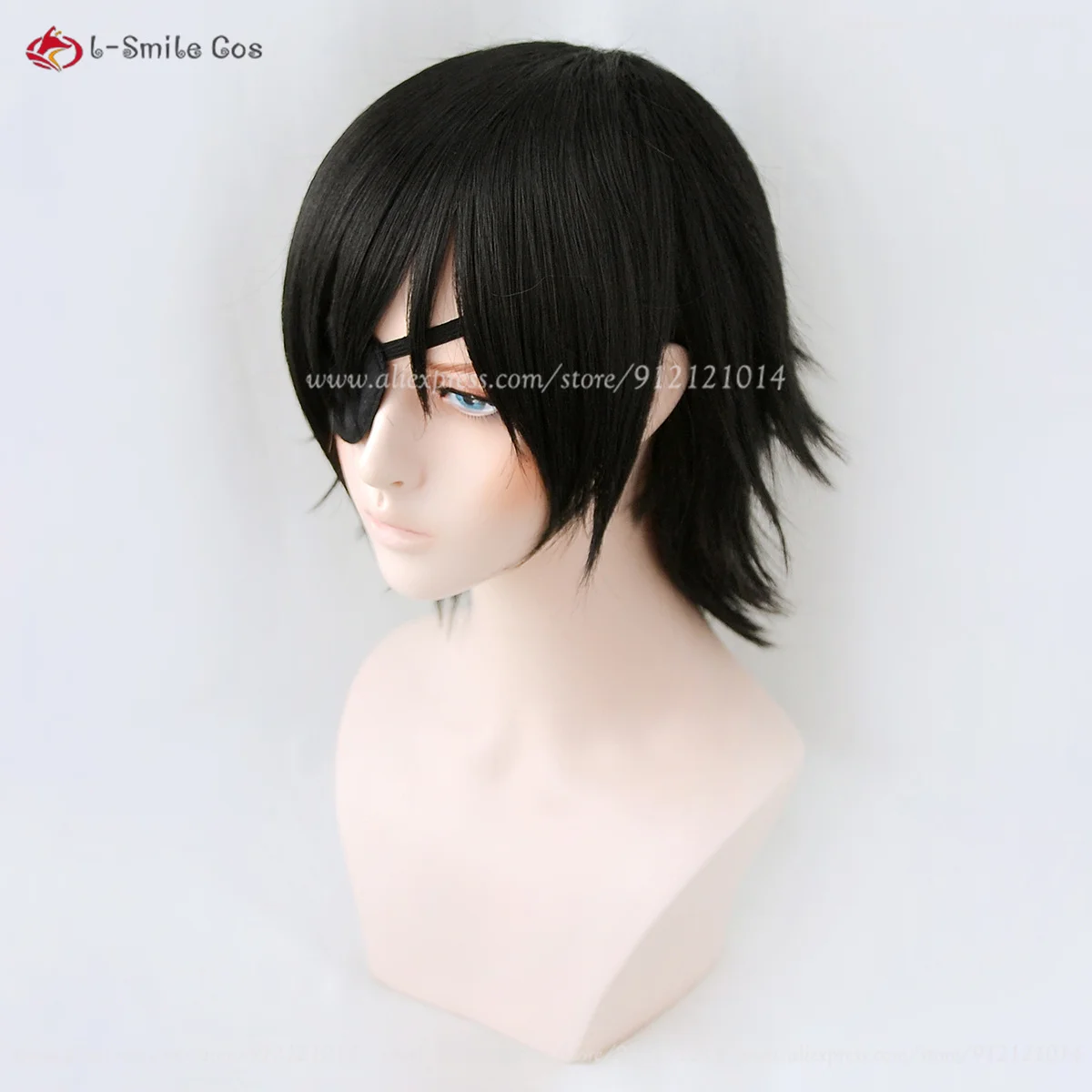 Himeno Wig Cosplay hitam pendek halus berlapis Wig Himeno dengan penutup mata tahan panas rambut sintetis Aksesori Halloween Cos