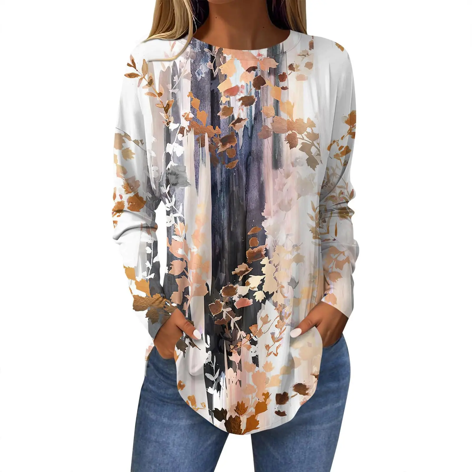 

Women's 3D printed leaf print T-shirt fashionable long-sleeved round neck regular tops holiday weekend spring and autumn