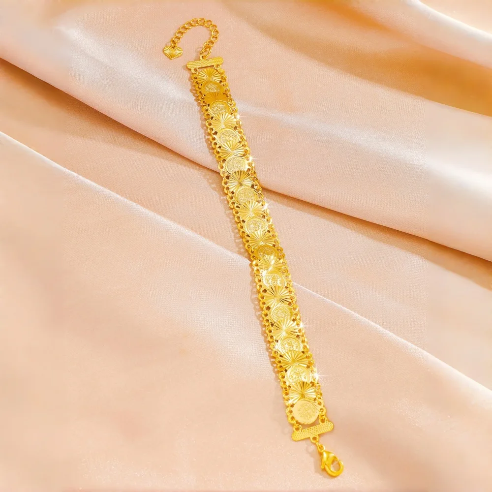 Silktouch Soft Gloss Ancient Coin Carved Bracelet For Women 24K Gold AU999 deliver silky tender touch against sensitive wrist