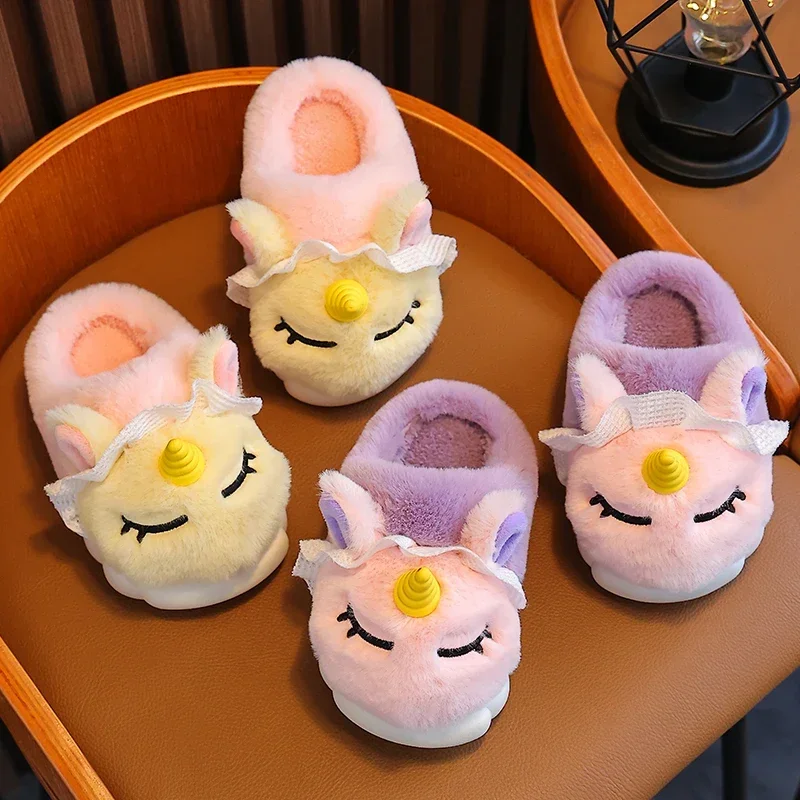 New Winter Kids Cotton Slippers Cartoon Unicorn Children\'s Indoor Slides Non-Slip Platform Girls And Boys Warm Plush House Shoes