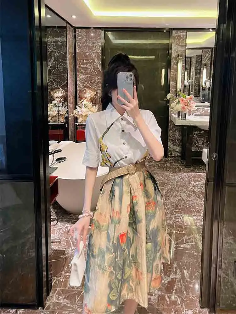 

Комплект из цветочного топа и юбки А-силуэта в стиле ретро, китайский фэшн, полиэстер, весна...