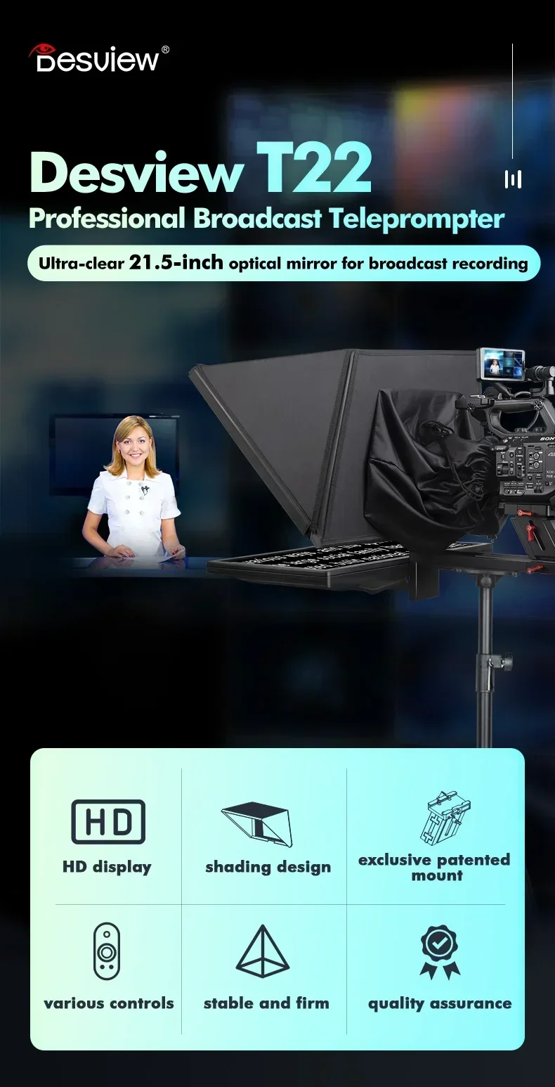 2025Desview Teleprompter de transmissão profissional de 21,5 polegadas para estúdio e webcasters de transmissão ao vivo e Youtubers