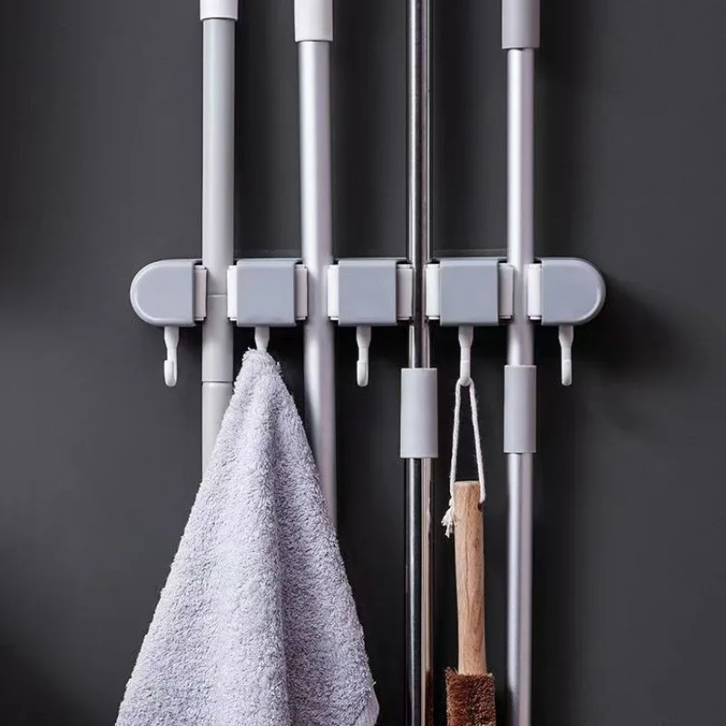 Multi Purpose No Drill Adhesive Mop Broom Hook, Wall Mount Cleaning Tool Rack, Damage Free Bathroom Kitchen Storage Organizer