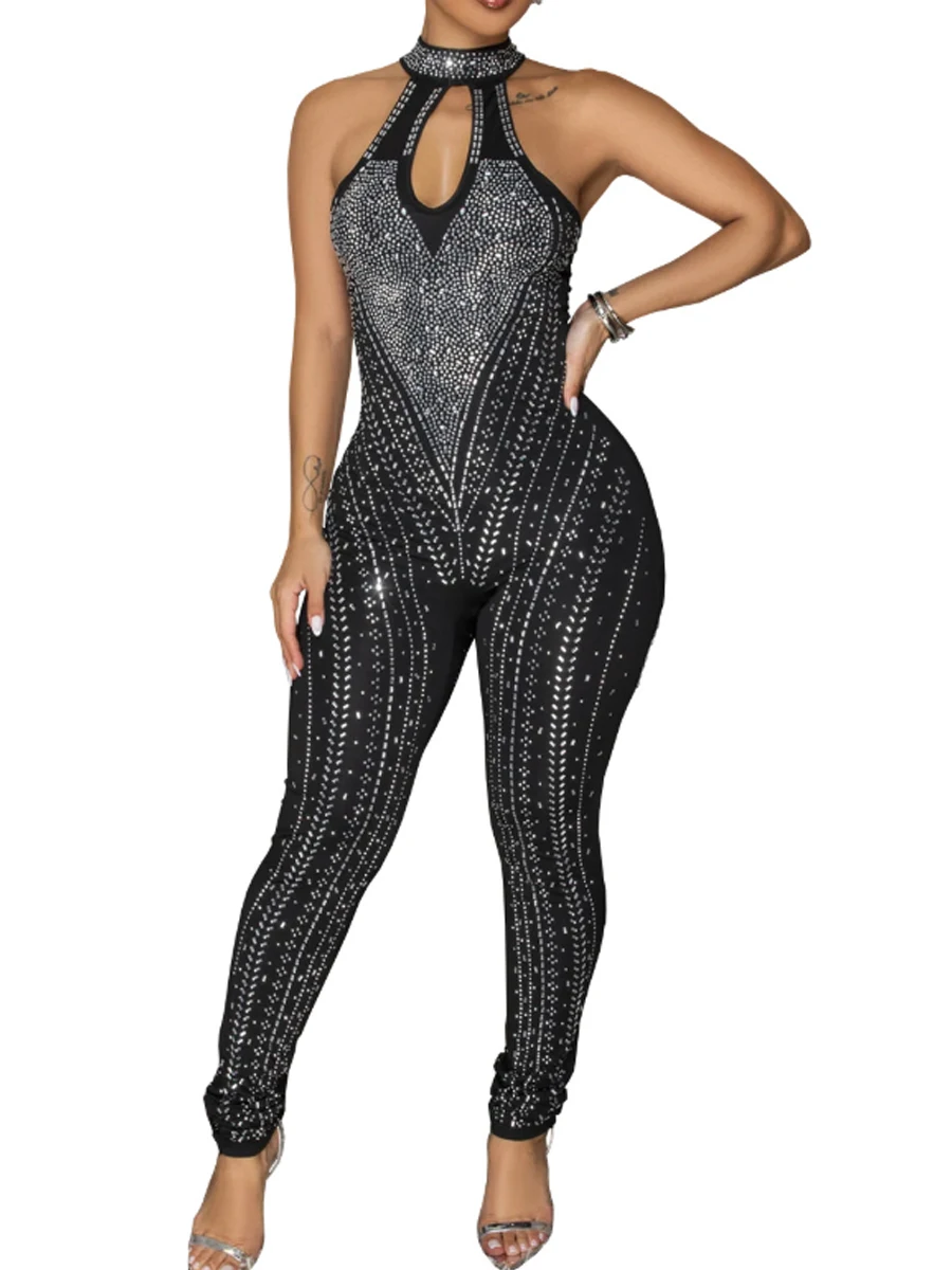 See Through Rompers Sheer Mesh Sleeveless Halter Rhinestone Decor Skinny Jumpsuits