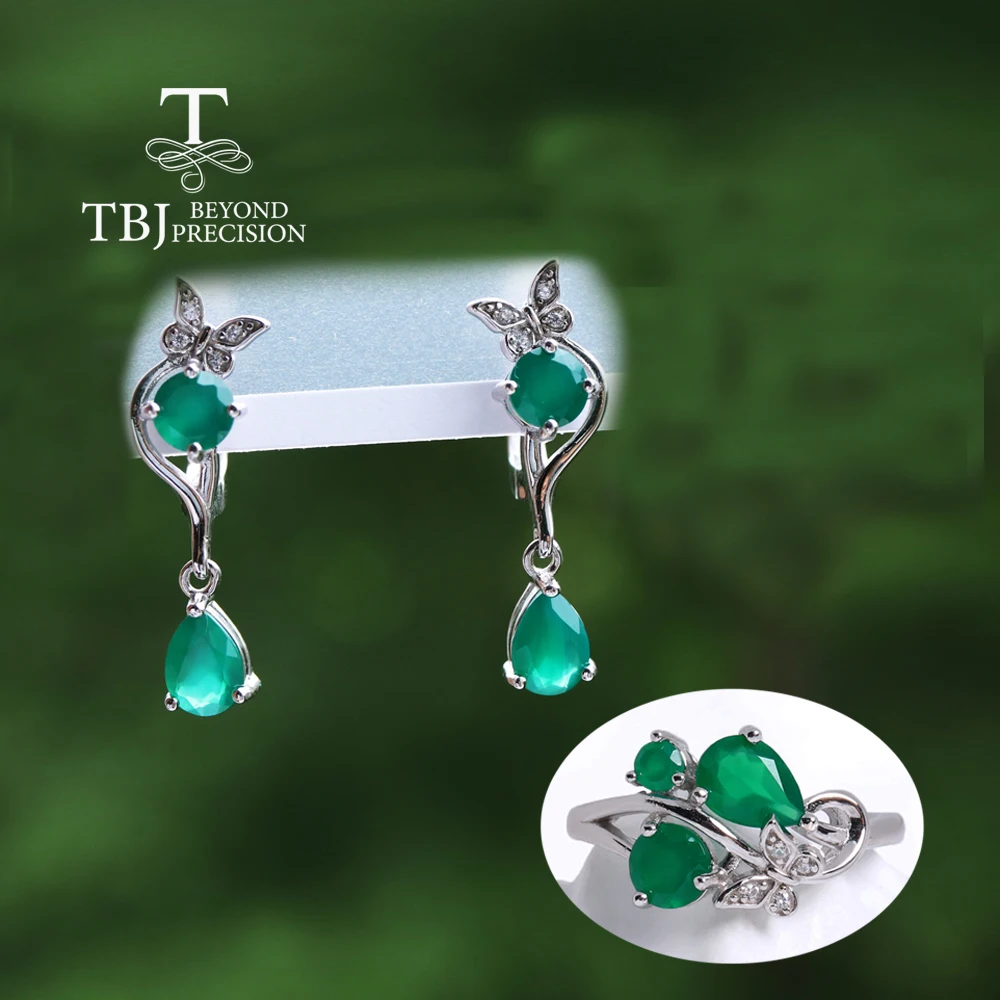 

Butterfly Design Silver Jewelry Set with Natural Green Agate Gemstones Earrings And Ring for women