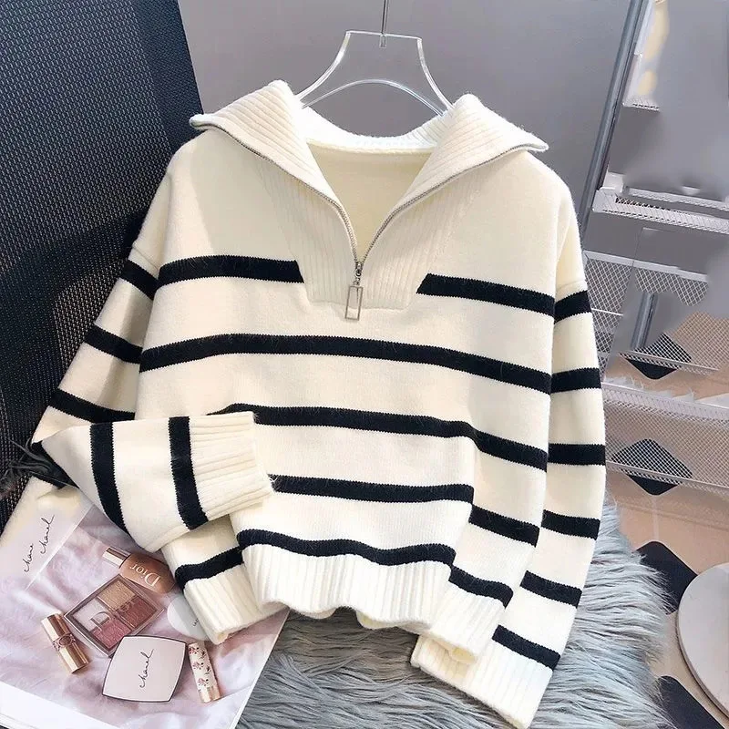 

Женский вязаный пуловер в полоску, свободный облегающий трикотажный свитер на молнии с длинными рукавами и воротником-стойкой, весна-осень 2024