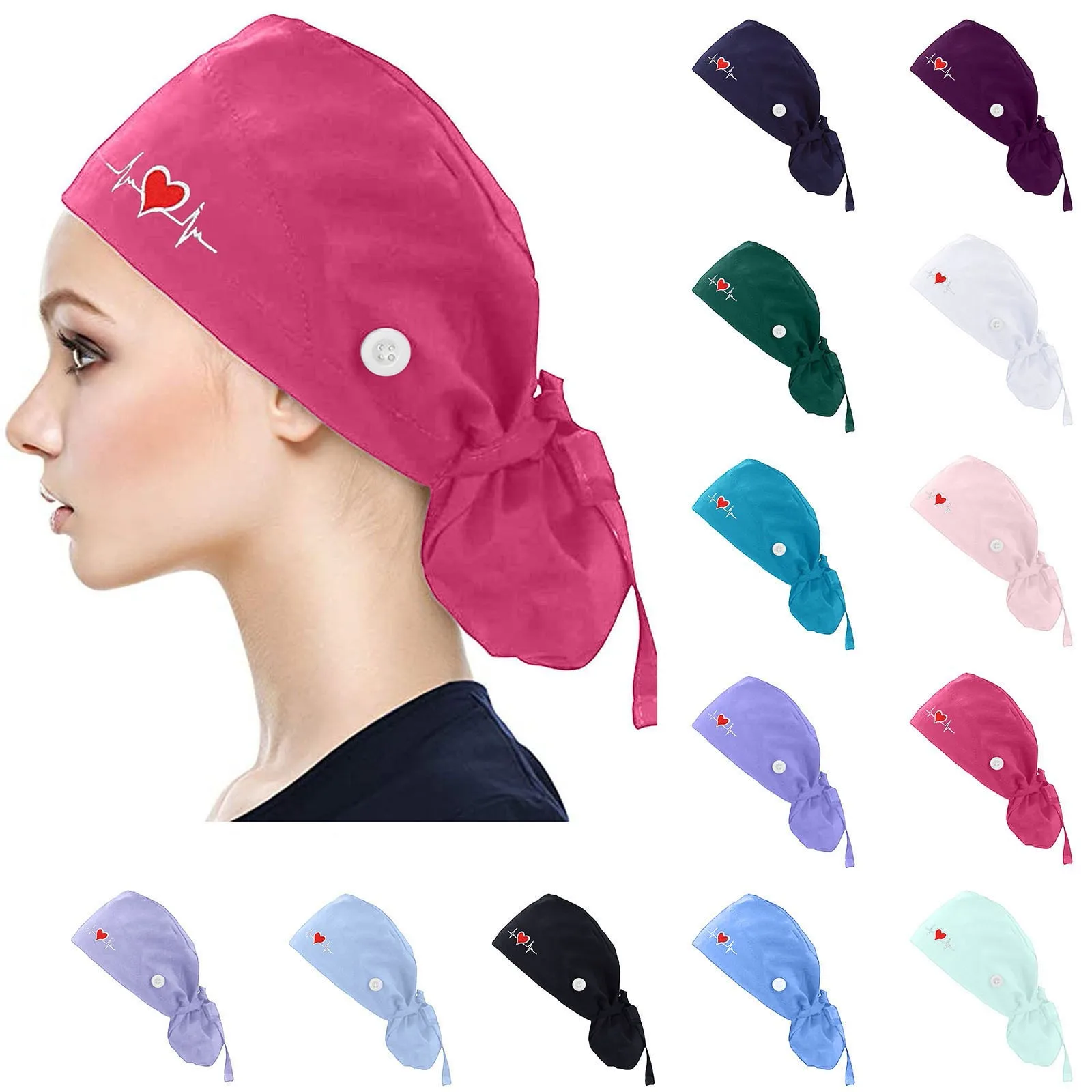 Gorros quirúrgicos ajustables, gorro de trabajo, soporte para cola de caballo, gorros de enfermería Bouffant con botones, turbante de pelo largo, sombreros para mujeres y hombres
