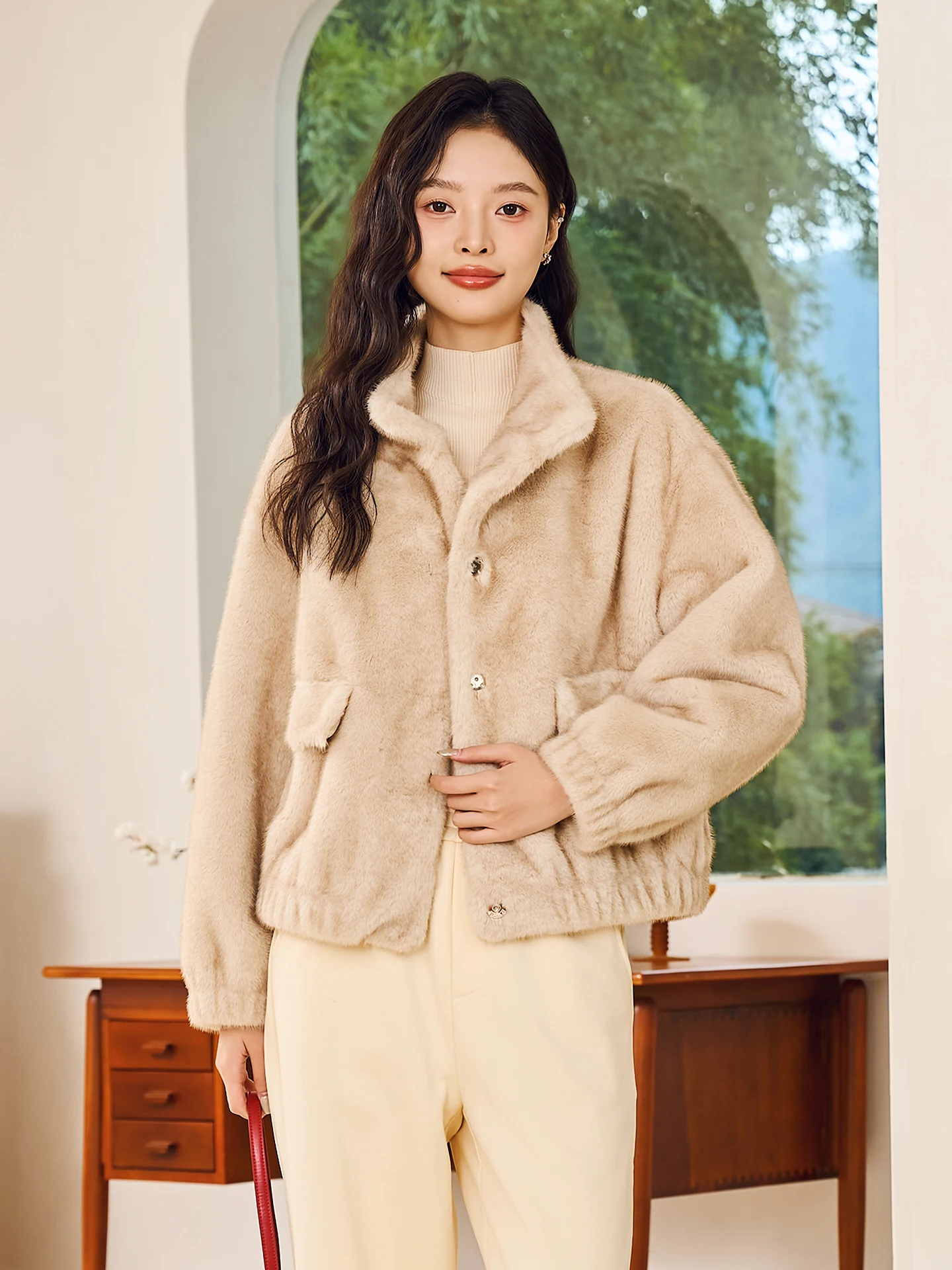 

Fay-Fei Faionable Stand Collar Artificial Fur Coat Women's Winter New Slimming Commute Top Long Sve Stand Fit Korean ...