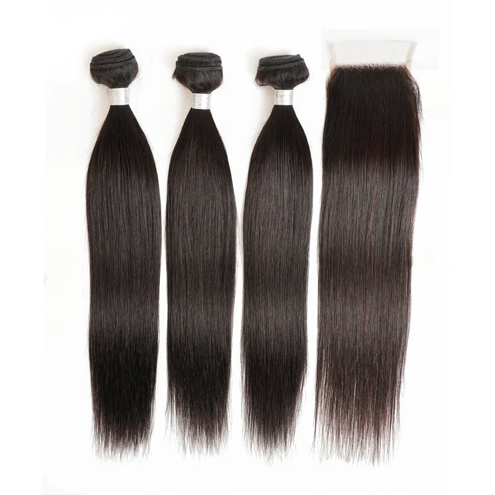 Straight 3 Bundles With 4*4 Lace Closure 300g/lot for One Full Head Remy Indian Human Hair Extension 28 30 32 inches