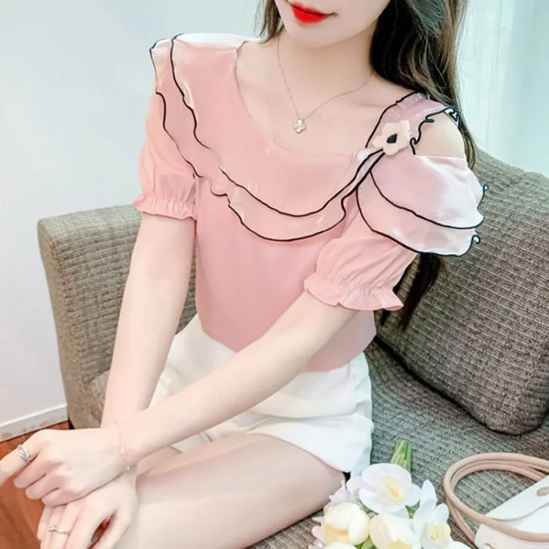 2024 Summer Off Shoulder Patchwork Ruffles Slash Neck Tie Flowers Short Sleeve Pullover Shirt Women\'s Loose Chic Chiffon Blouses