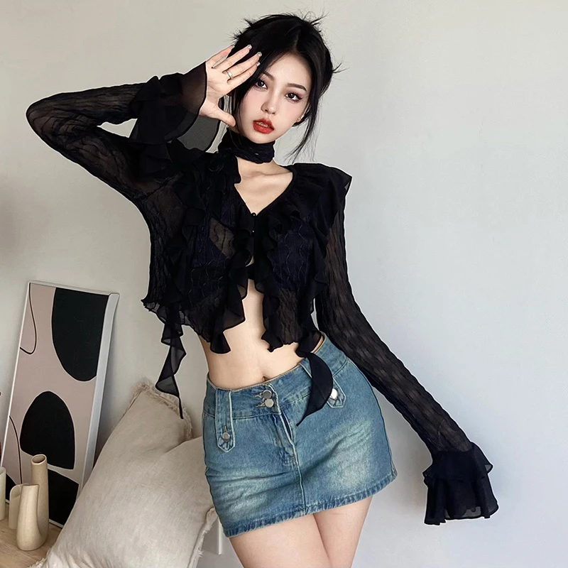 Women\'s Solid Color Cardigan Retro V Neck Irregular Slim Fashion Mesh Slightly Transparent Long Sleeves Cardigan Top