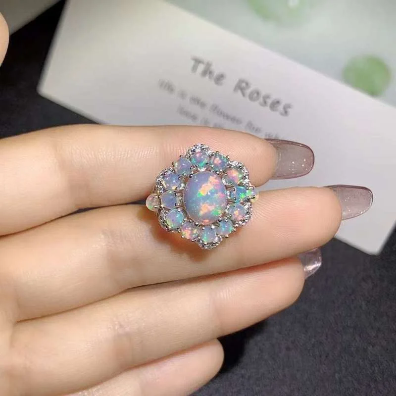 YULUM 8*10mm Australia Opal with 3mm Natural Opal Flower Design and Silver 925 Wedding Rings for Women