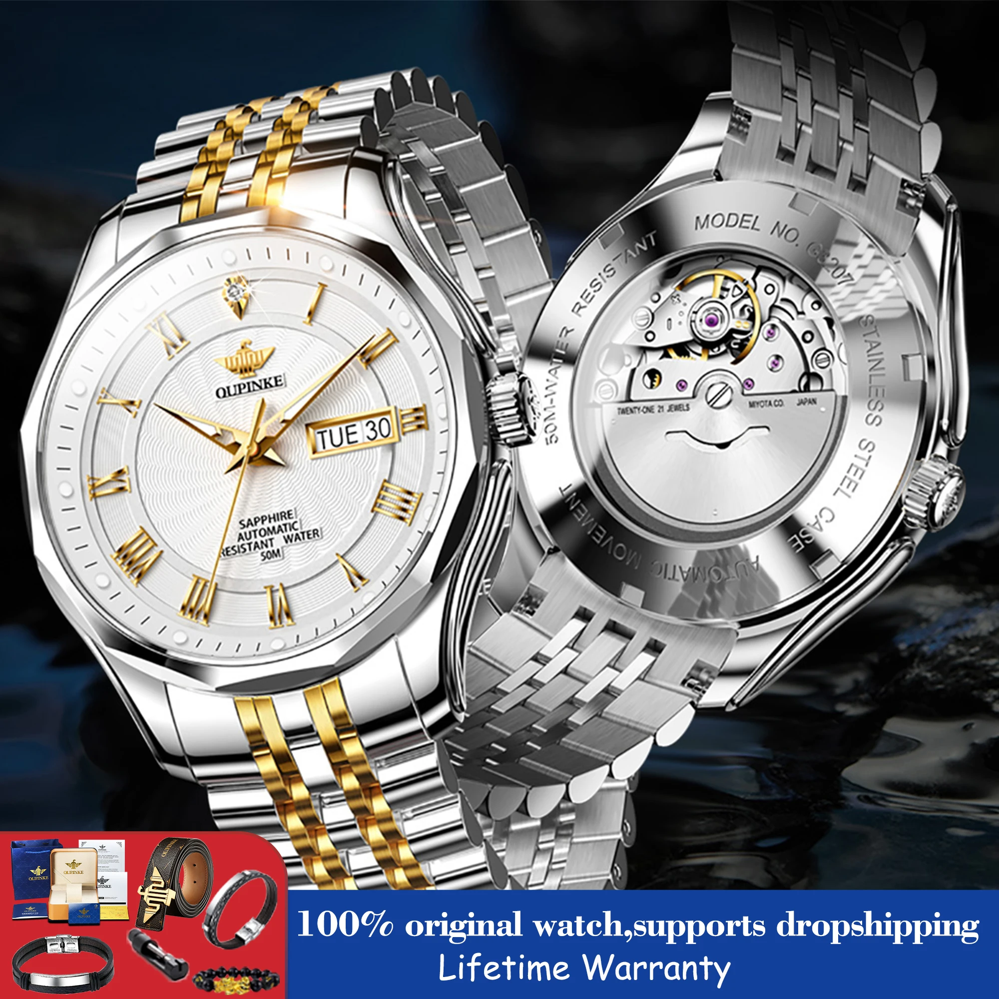 

OUPINKE 3207 Watches for Men Real Diamond Luxury Dual Calendar Men's Watch Waterproof Automatic Mechanical Clock Luxury Brand
