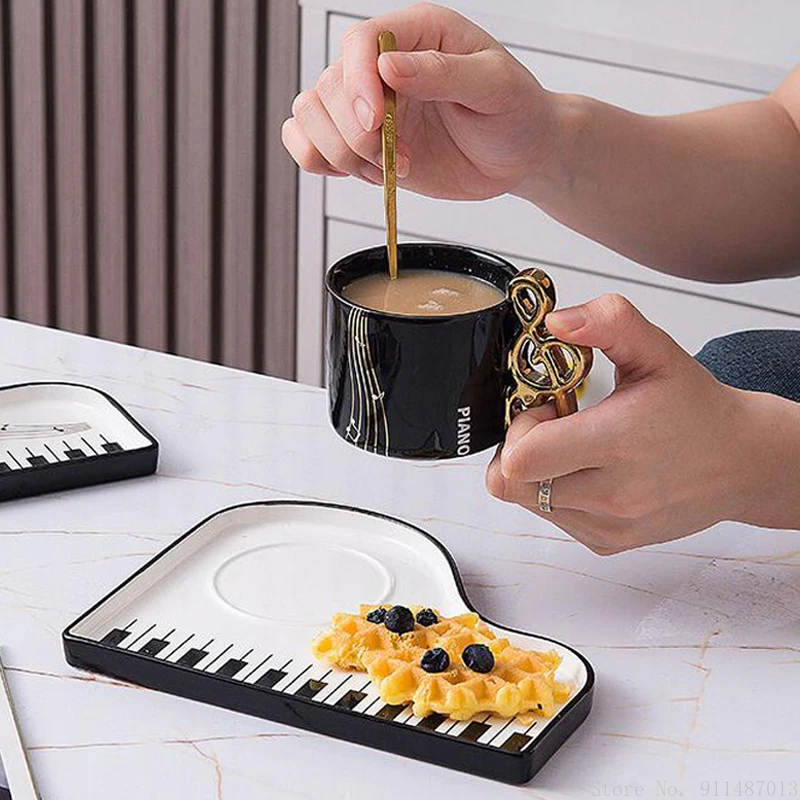 Creative Black/White Piano Music Melody Pattern Ceramic Mug Gift Home Tableware Afternoon Tea 200ML Hot Coffee Cup Dessert Tray