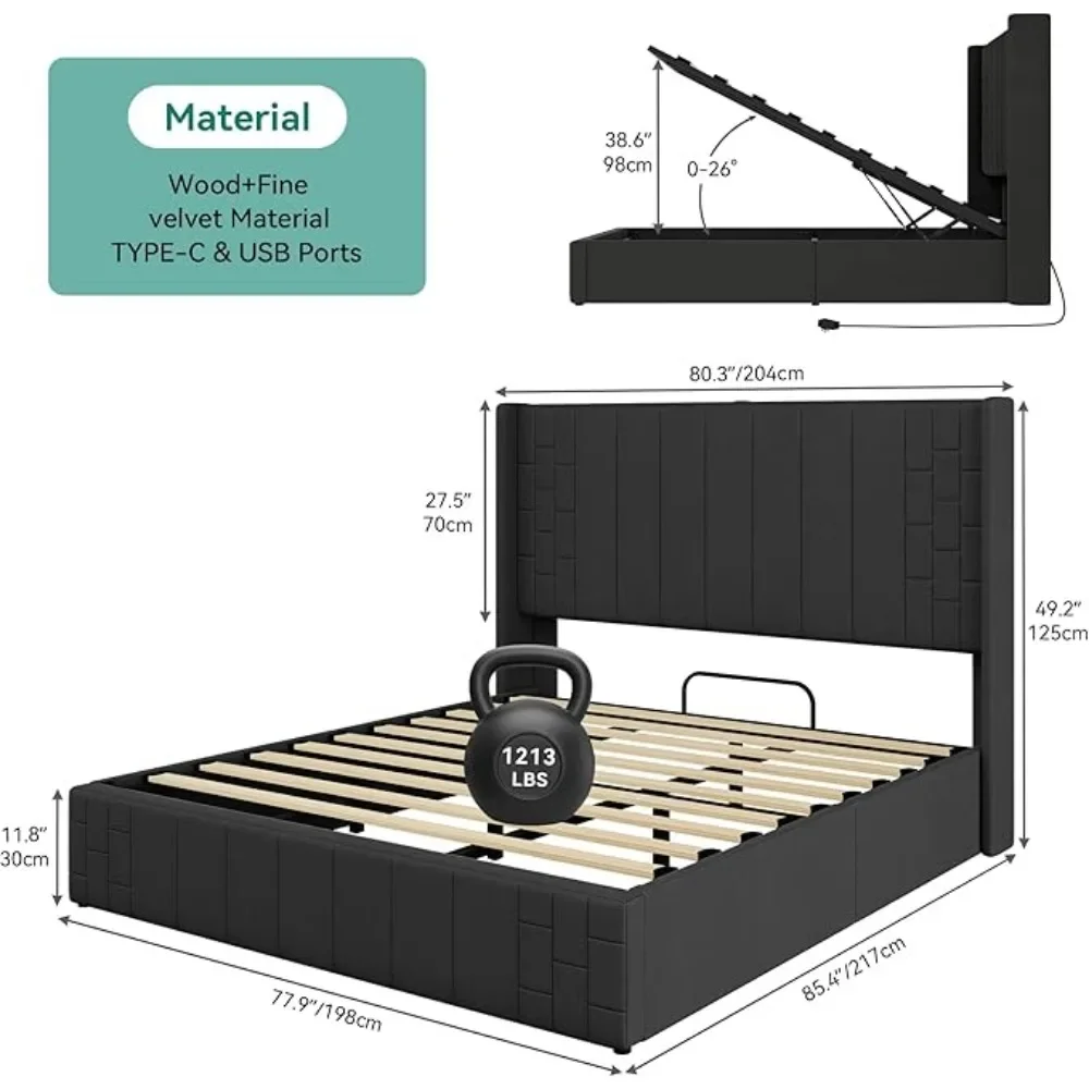 King Size Lift Up Storage Bed with Type-C & USB Charging Port, Modern Wingback Headboard,No Box Spring Needed, Hydraulic Storage