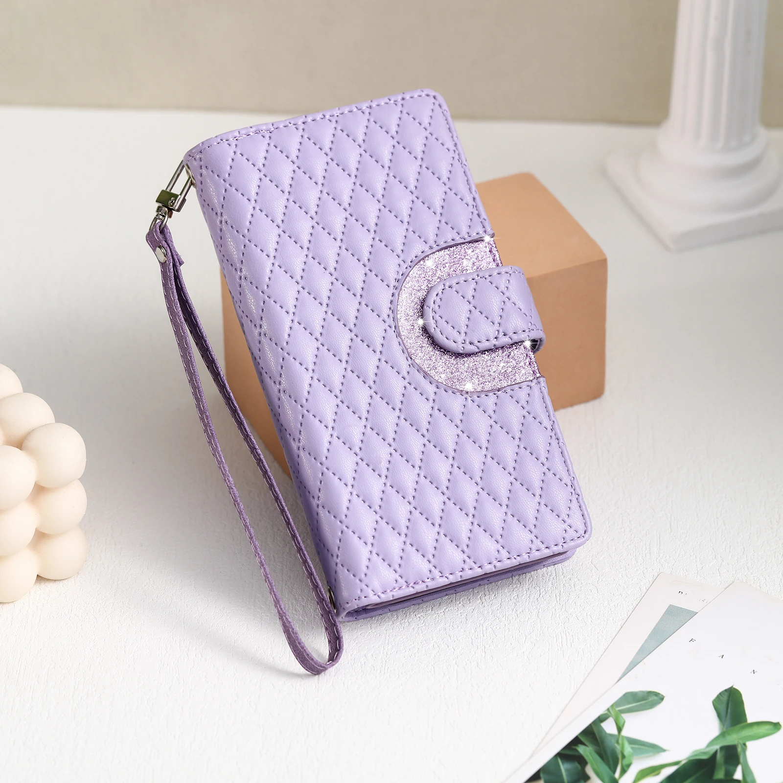 Funda de cuero tipo billetera con cremallera y purpurina para iPhone 17 Pro Max 16 Plus 15 Plus 14 13 12 11, funda para bolso con cordón largo