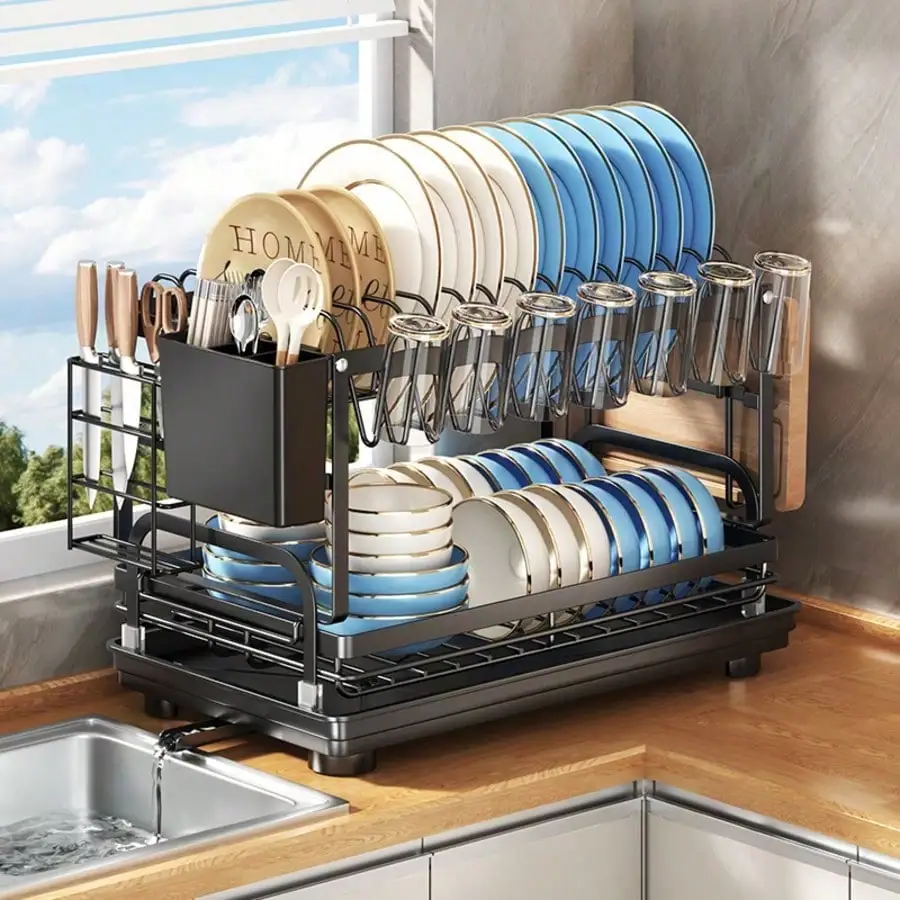 Kusuxva This Double-Layer Metal Kitchen Countertop Dish Rack Is Space-Saving And Durable. It Comes With A Knife And Fork Holder, Cup Holder, Cutting Board Holder, And Rust-Proof Drain Tray.