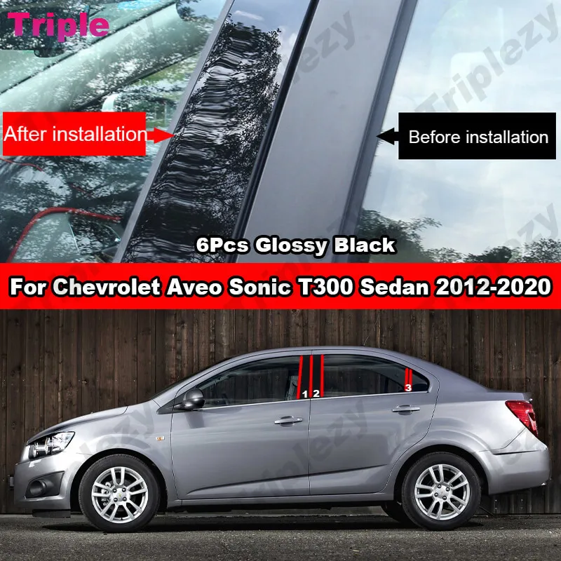 6Pcs Glossy Piano Black/Carbon Fiber Car Door Middle B C Pillar Post Cover Trim For Chevrolet Aveo Sonic Sedan T300 2012-2020