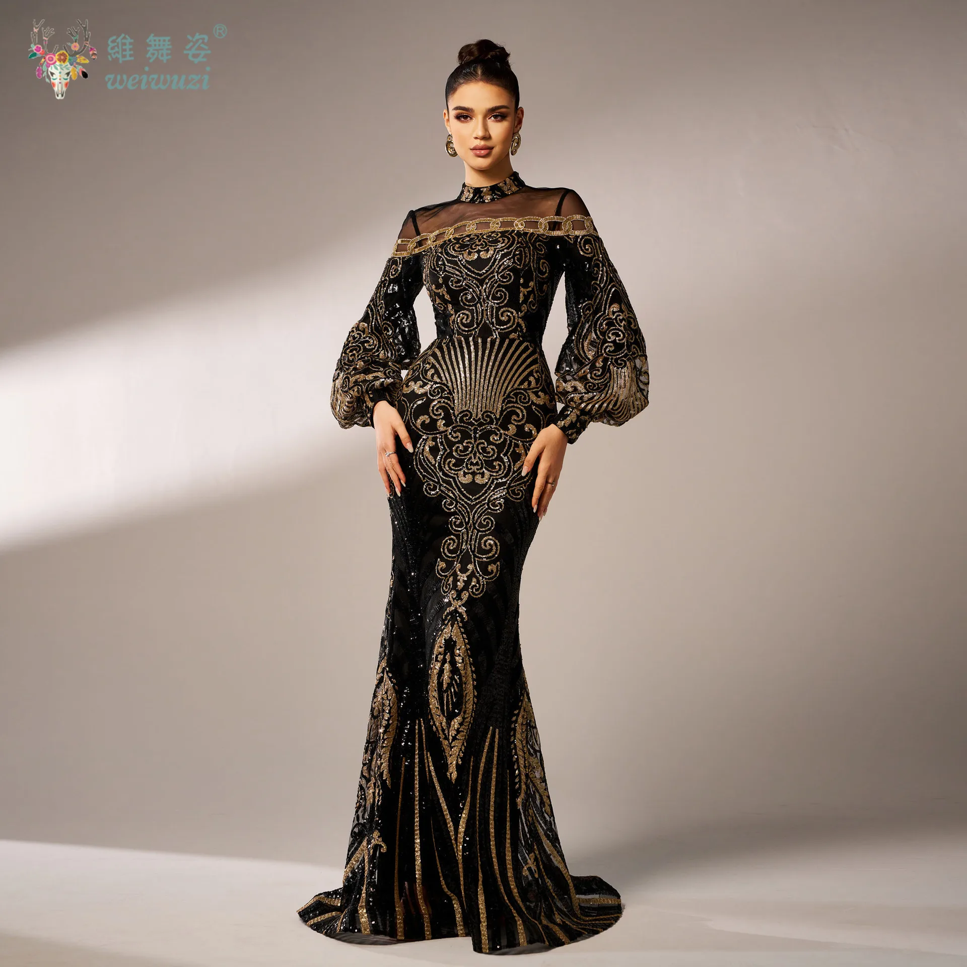 

New Autumn and Winter Styles Black Spliced Gauze Luxurious Dresses for Women Round Neck Lantern Sleeves Sequi Evening Dress