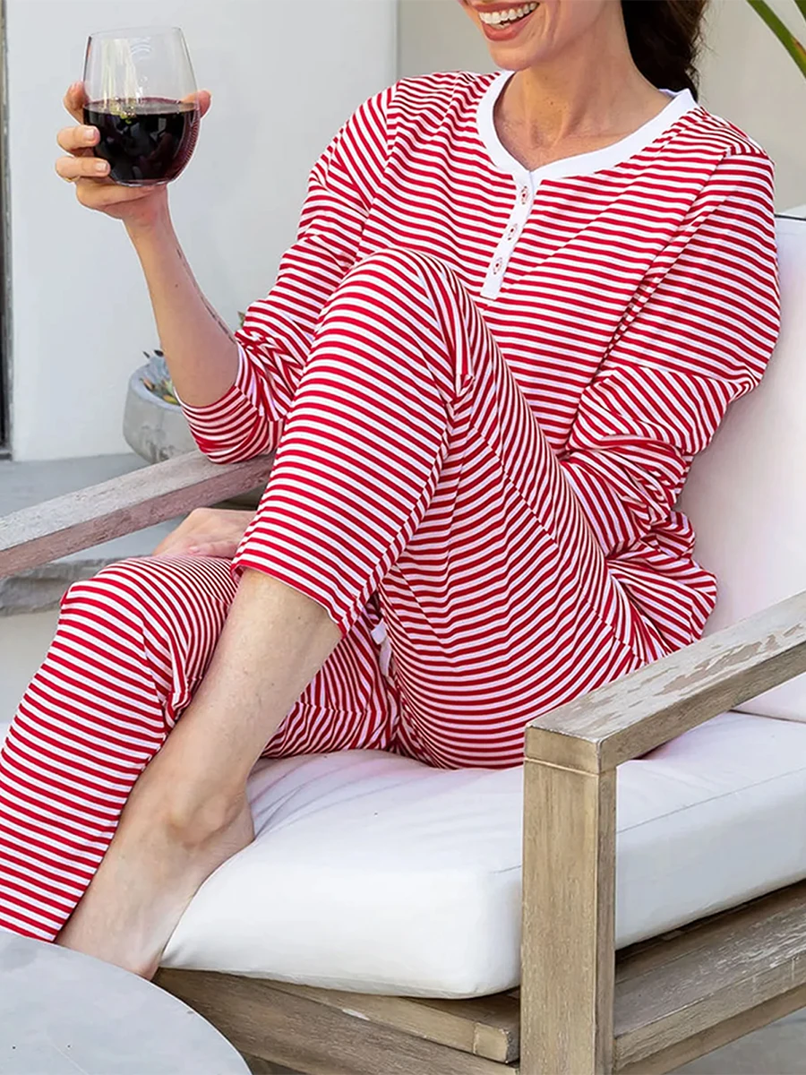 Women Lounge Oversized Pajama Set Striped Print Long Sleeve Henley Neck T-shirt with Pants Sleepwear Loungewear