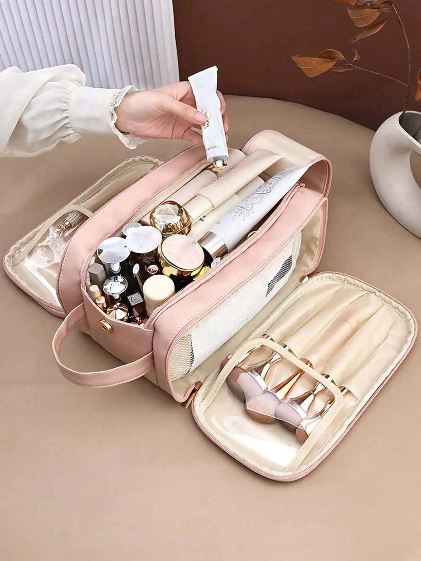 حقيبة مكياج متعددة الوظائف من جلد البولي يوريثان مقاومة للماء باللون الوردي بطبقة مزدوجة وسعة كبيرة ومحمولة للسفر وحقيبة مستحضرات التجميل #1