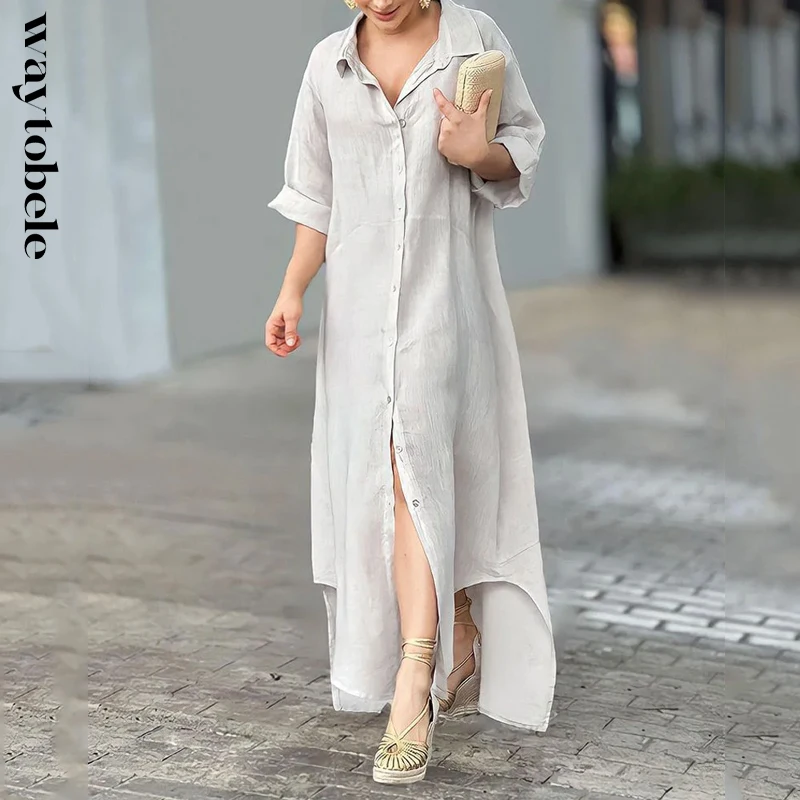 Waytobele Women Maxi Dress 2023 Summer Casual Solid Laple Single Breasted Loose Half Sleeve Office Holiday Dresses For Lady